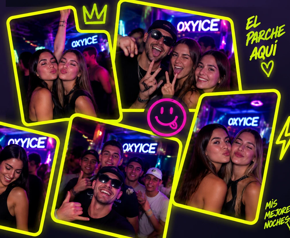 Collage conceptual de adultos compartiendo en un ambiente nocturno con marcos neón amarillos